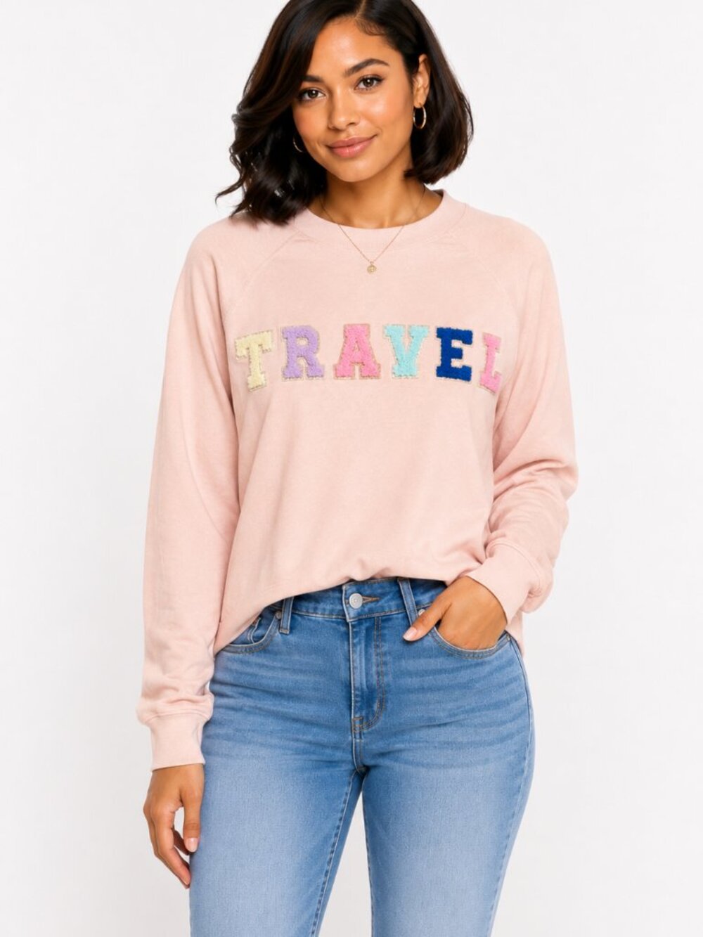 Pink Long Sleeve Light Weight Patch Letters Travel Graphic Tee Shirt  NWT